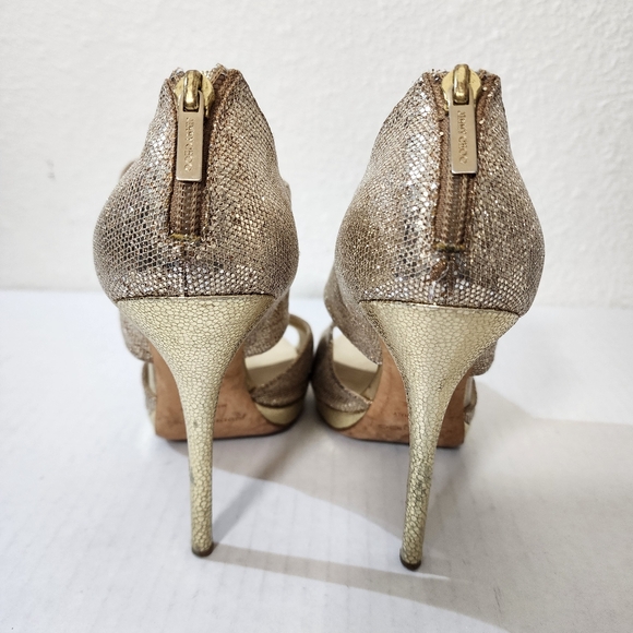 Jimmy Choo Women Shoes Gold Glitter Peep Toe Platform Heels EU 39 US 9 - Picture 4 of 10